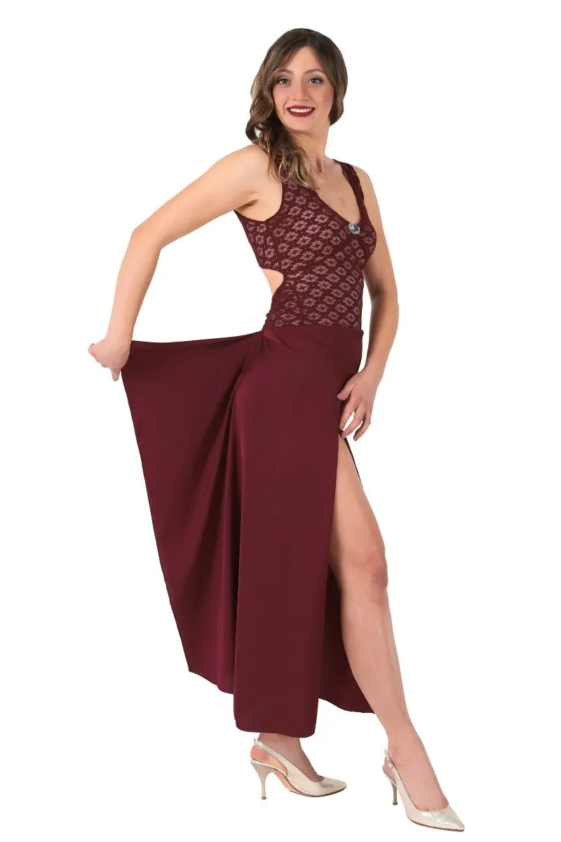 Burgundy Satin and Lace Tango Performance Dress