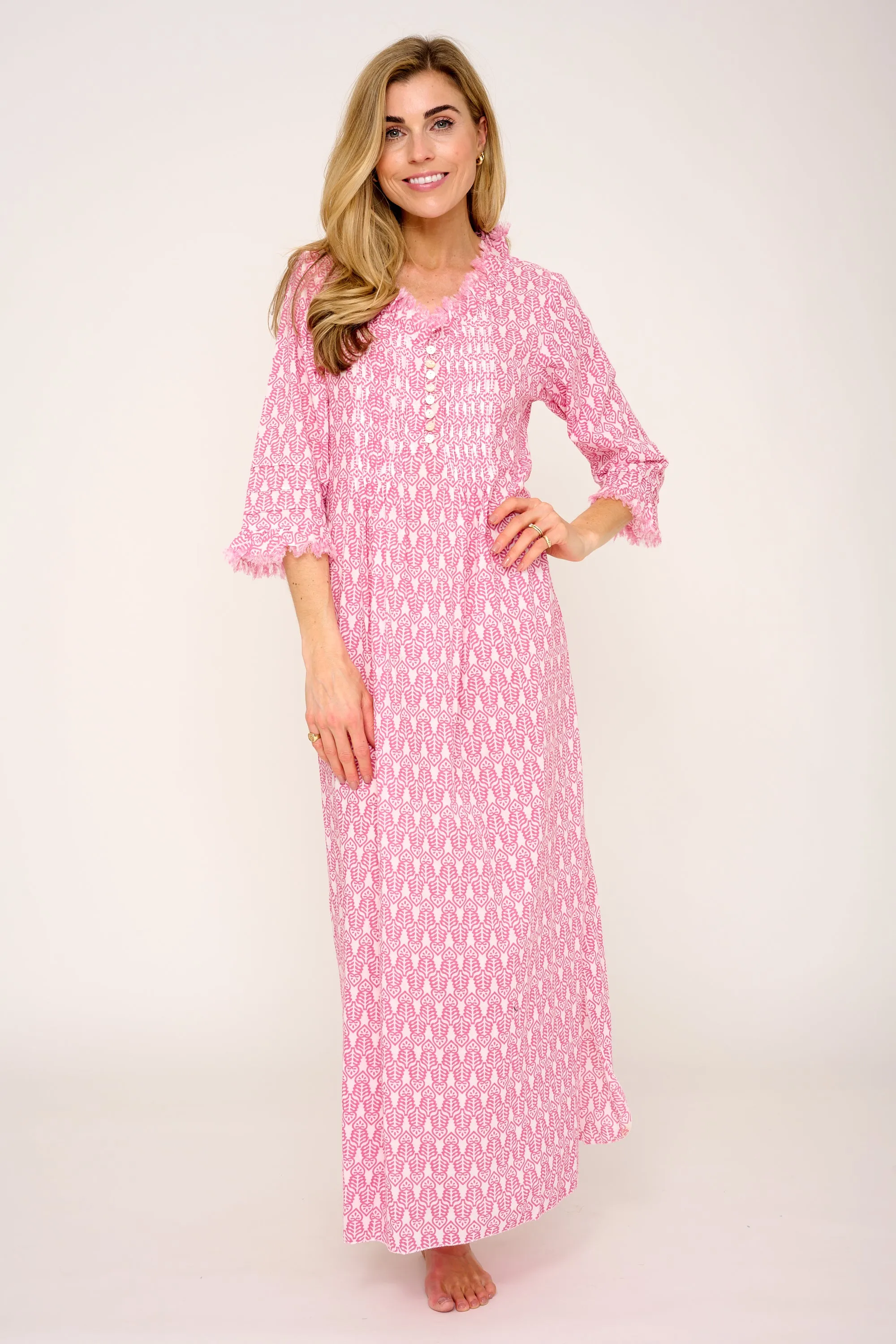 Cotton Annabel Maxi Dress in Fresh Pink & White