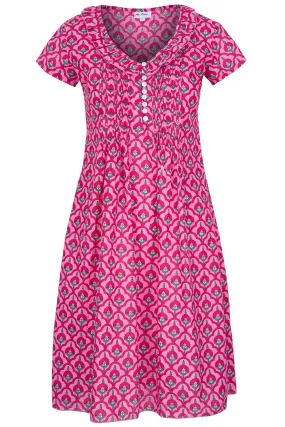 Cotton Karen Short Sleeve Day Dress in Pink & Green Moroccan