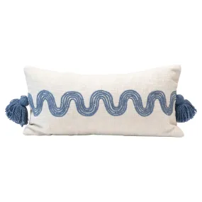 Cotton Lumbar Pillow w/ Embroidered Curved Pattern & Tassels