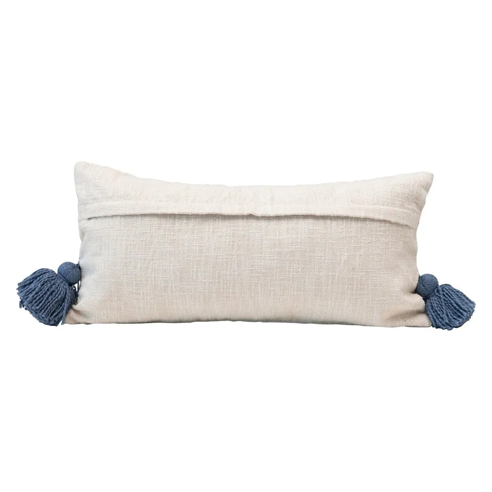 Cotton Lumbar Pillow w/ Embroidered Curved Pattern & Tassels