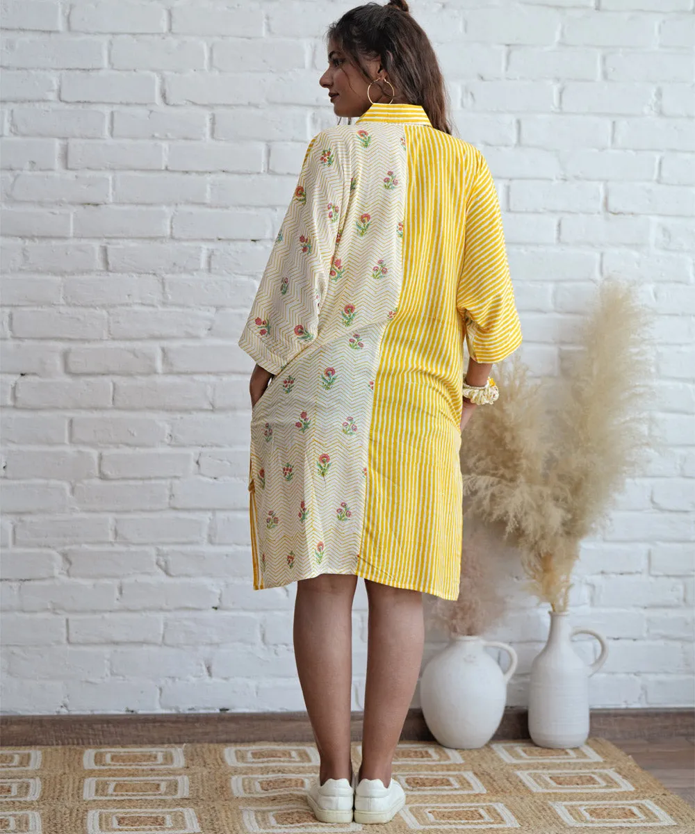 Cream yellow stripes handblock printed modal oversize shirt