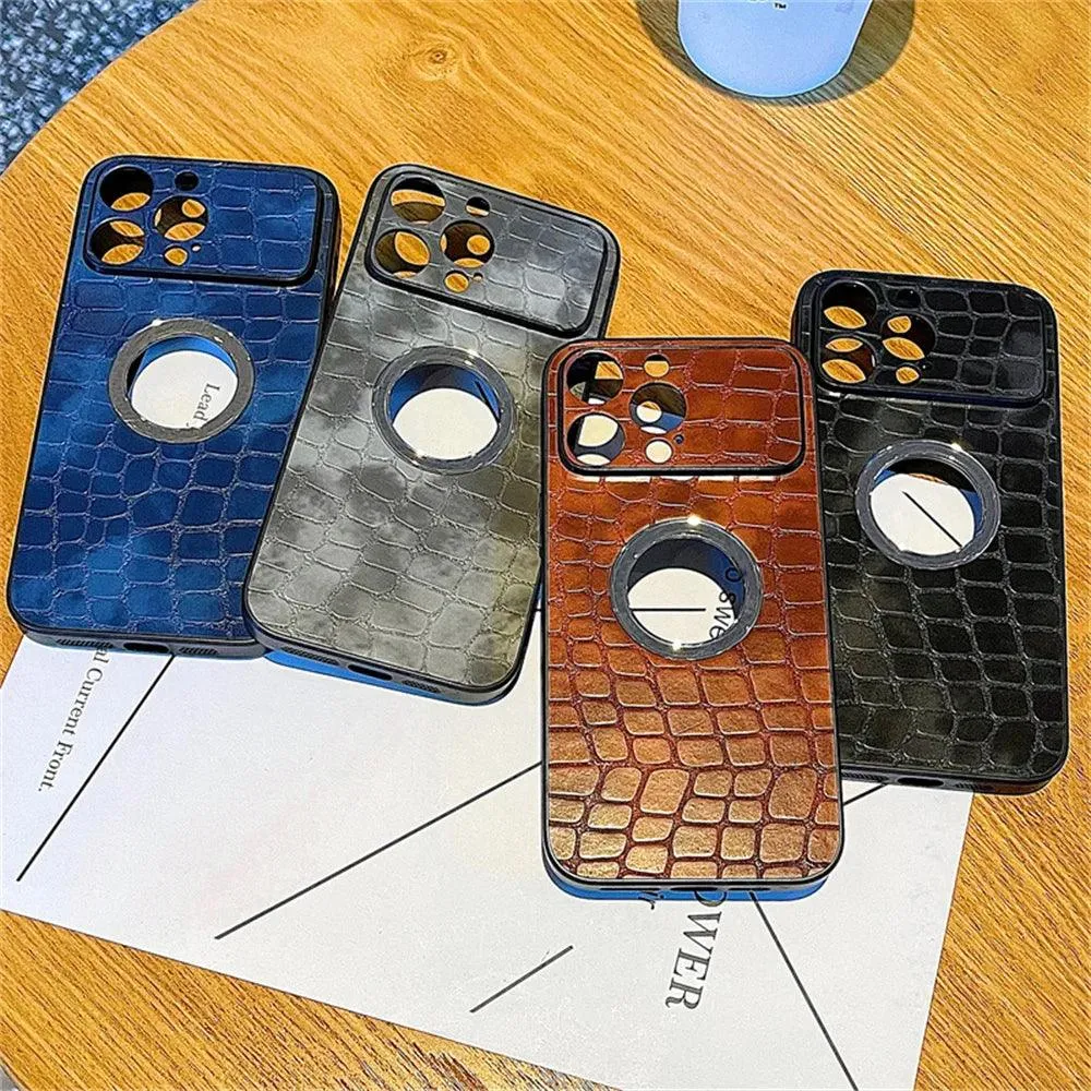 Cute Crocodile Pattern Leather Hard Phone Case with Logo Hole for iPhone 11 12 13 and 14 Pro Max