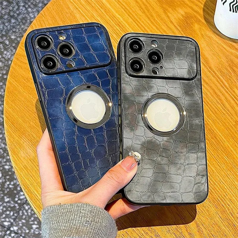 Cute Crocodile Pattern Leather Hard Phone Case with Logo Hole for iPhone 11 12 13 and 14 Pro Max