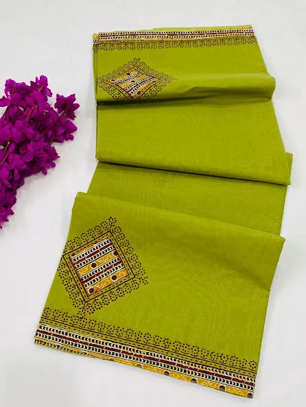 Dazzling Green Color Batik Printed Cotton Saree With Contrast Blouse