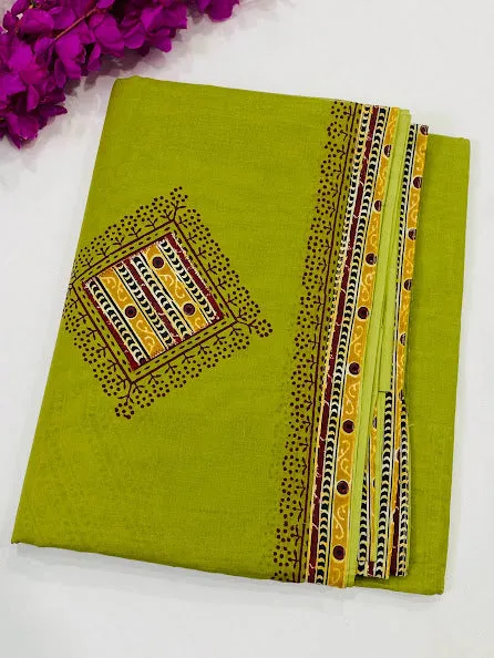 Dazzling Green Color Batik Printed Cotton Saree With Contrast Blouse