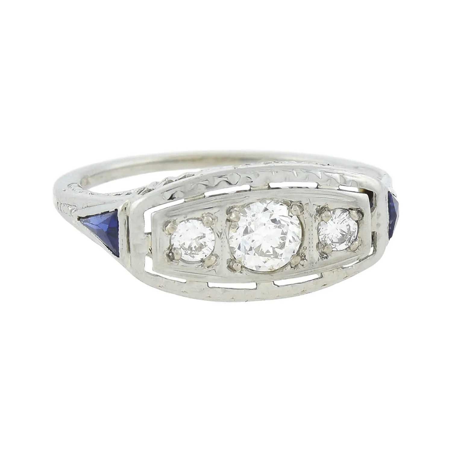 Edwardian 18kt Diamond   Sapphire 3-Stone Ring 0.50ctw.