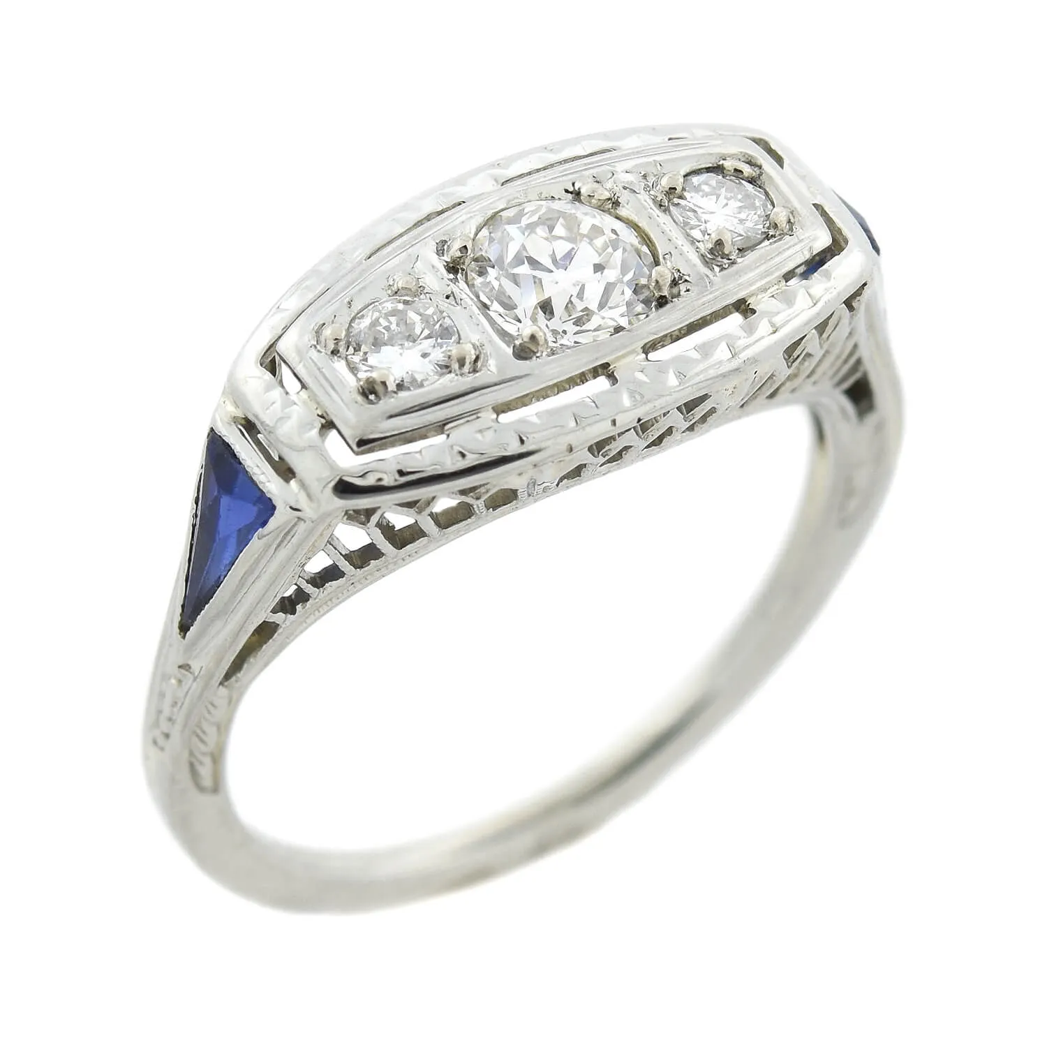 Edwardian 18kt Diamond   Sapphire 3-Stone Ring 0.50ctw.