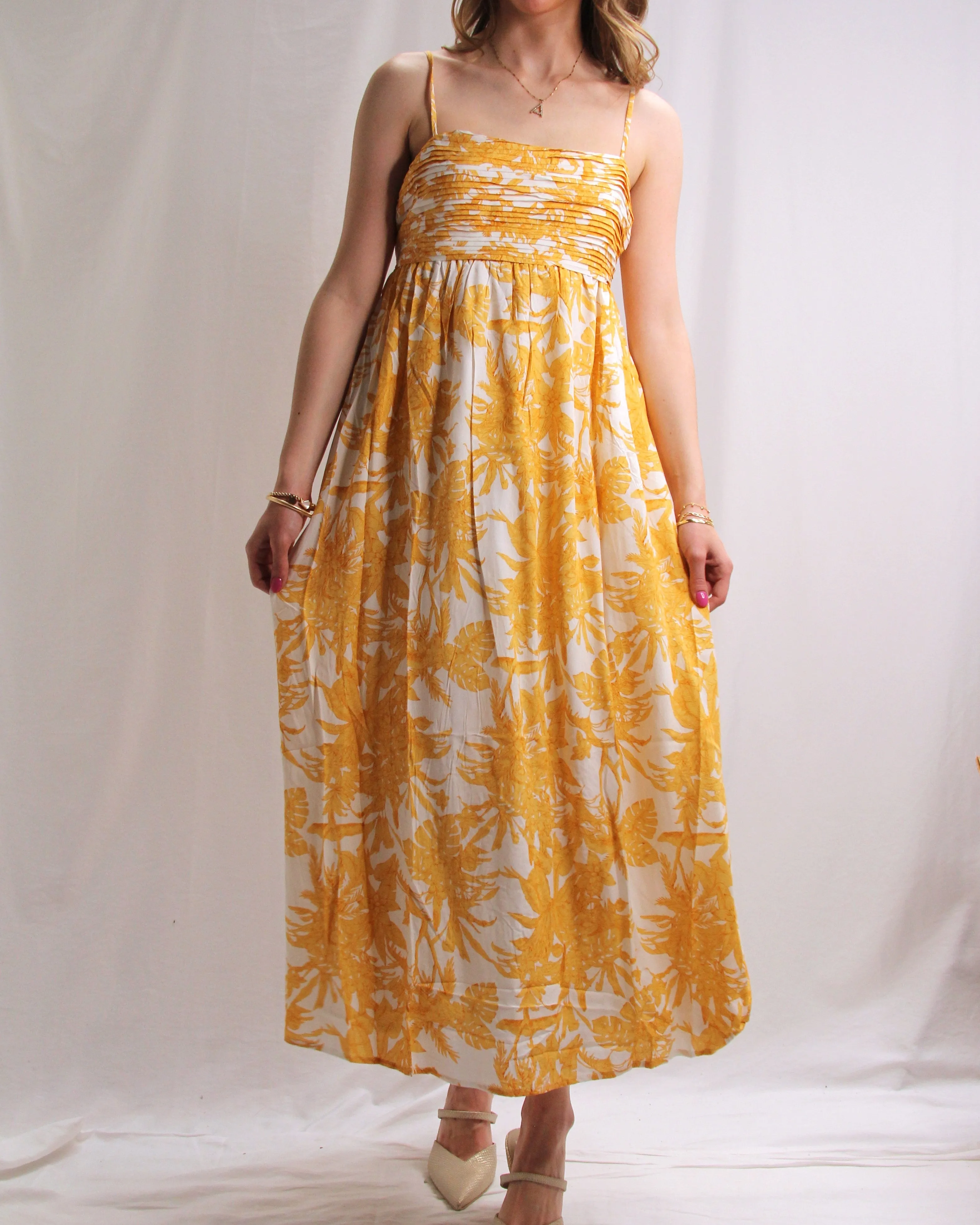 Floral Dress with Bust Pleating - Light Orange Multi