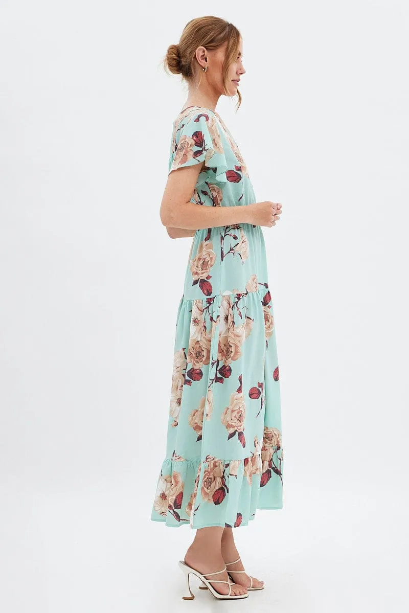 Green Floral Floral Bell Sleeve Maxi Dress