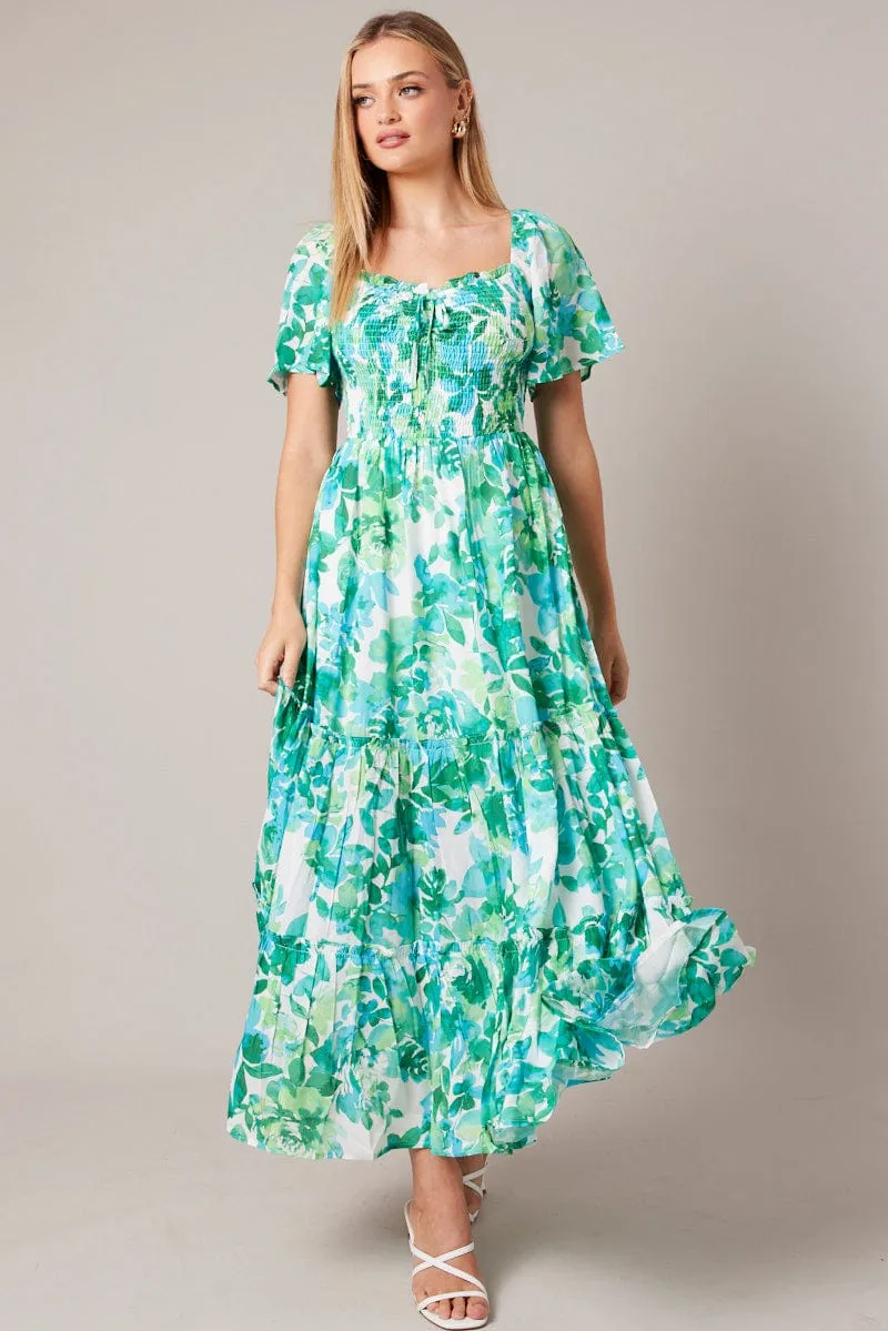 Green Floral Maxi Dress Short Sleeve Shirred