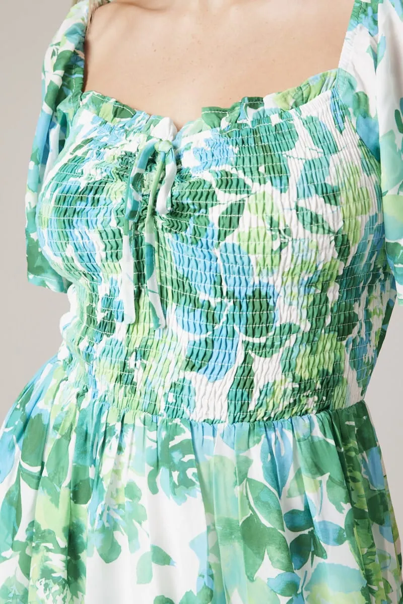 Green Floral Maxi Dress Short Sleeve Shirred