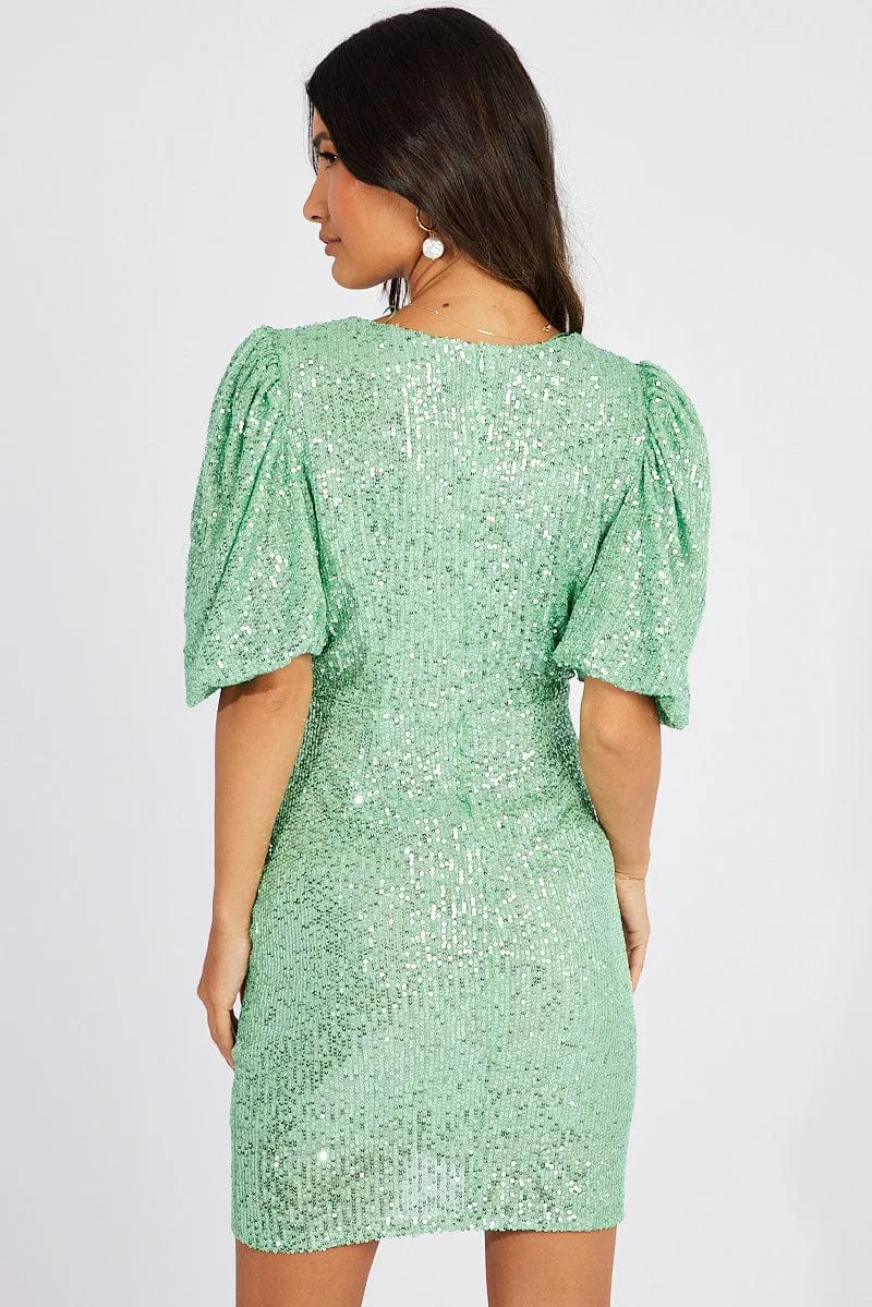 Green Sequin Mini Dress Wrap Puff Sleeve Dress