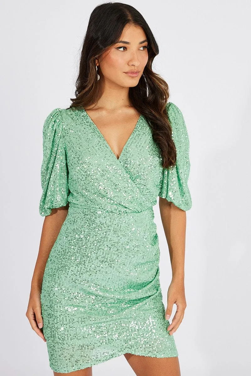 Green Sequin Mini Dress Wrap Puff Sleeve Dress