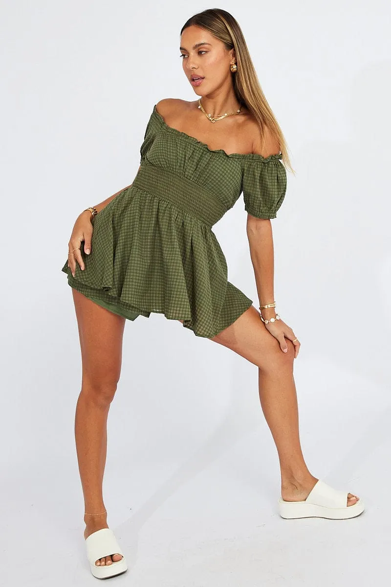 Green Shirred Playsuit Short Sleeve