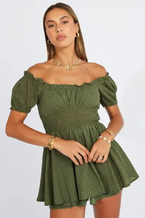 Green Shirred Playsuit Short Sleeve