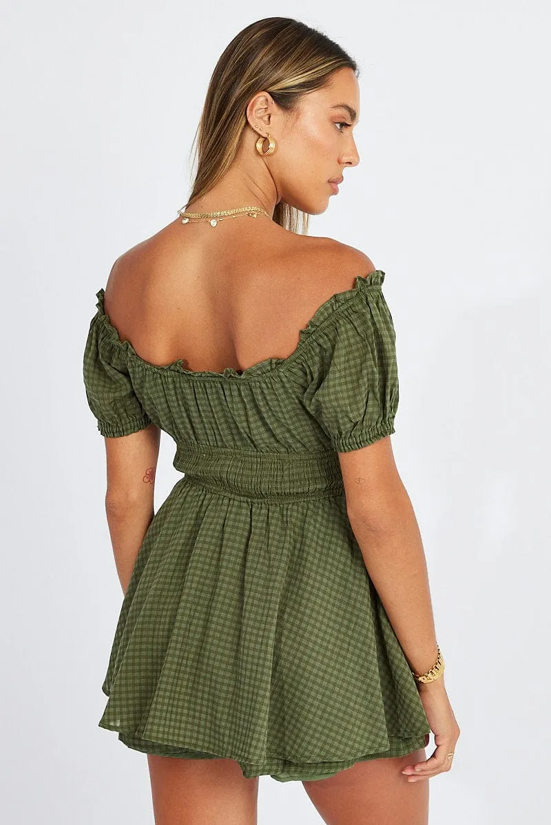 Green Shirred Playsuit Short Sleeve