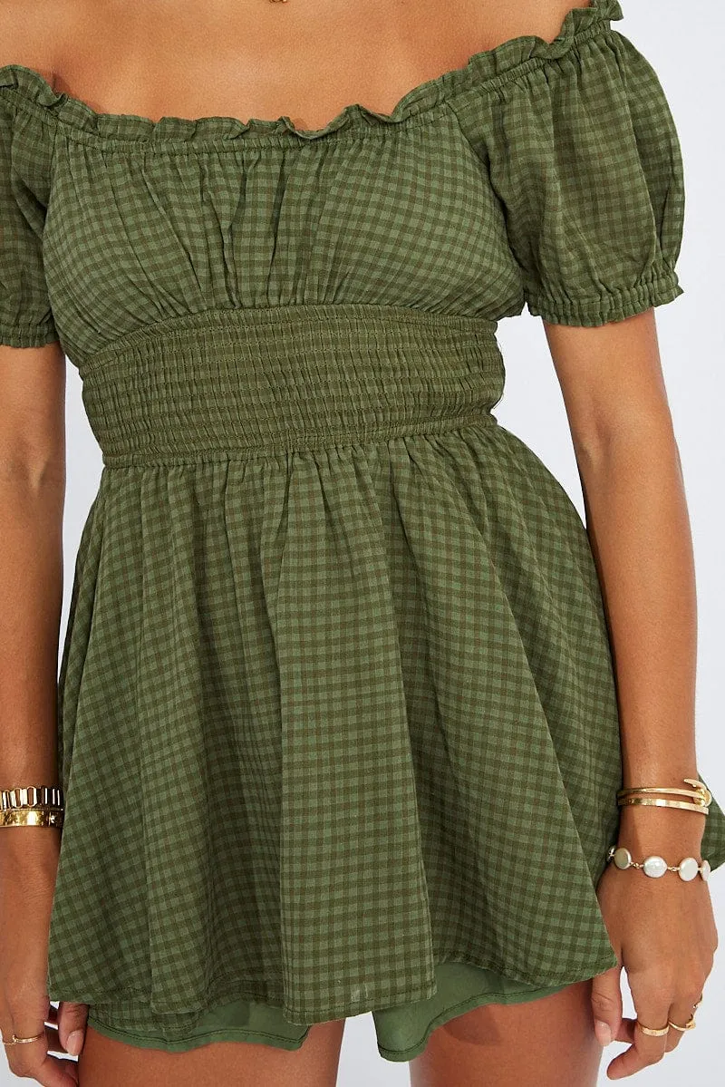 Green Shirred Playsuit Short Sleeve