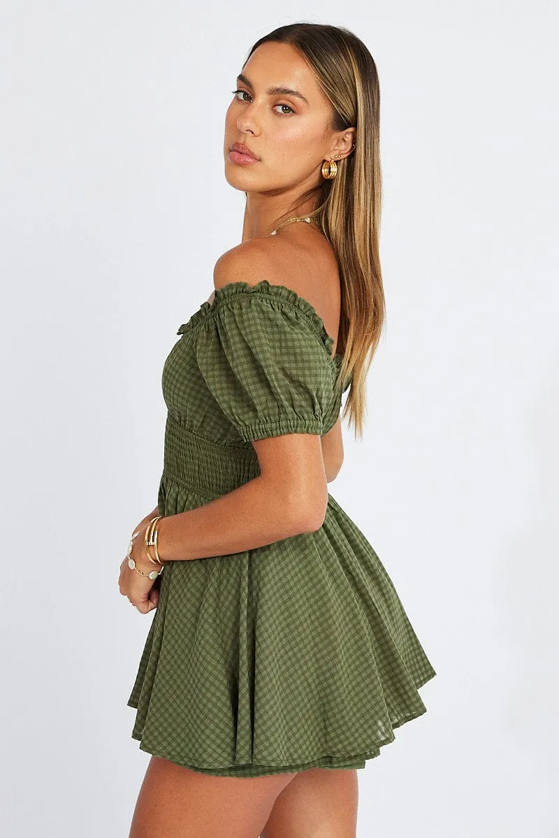 Green Shirred Playsuit Short Sleeve