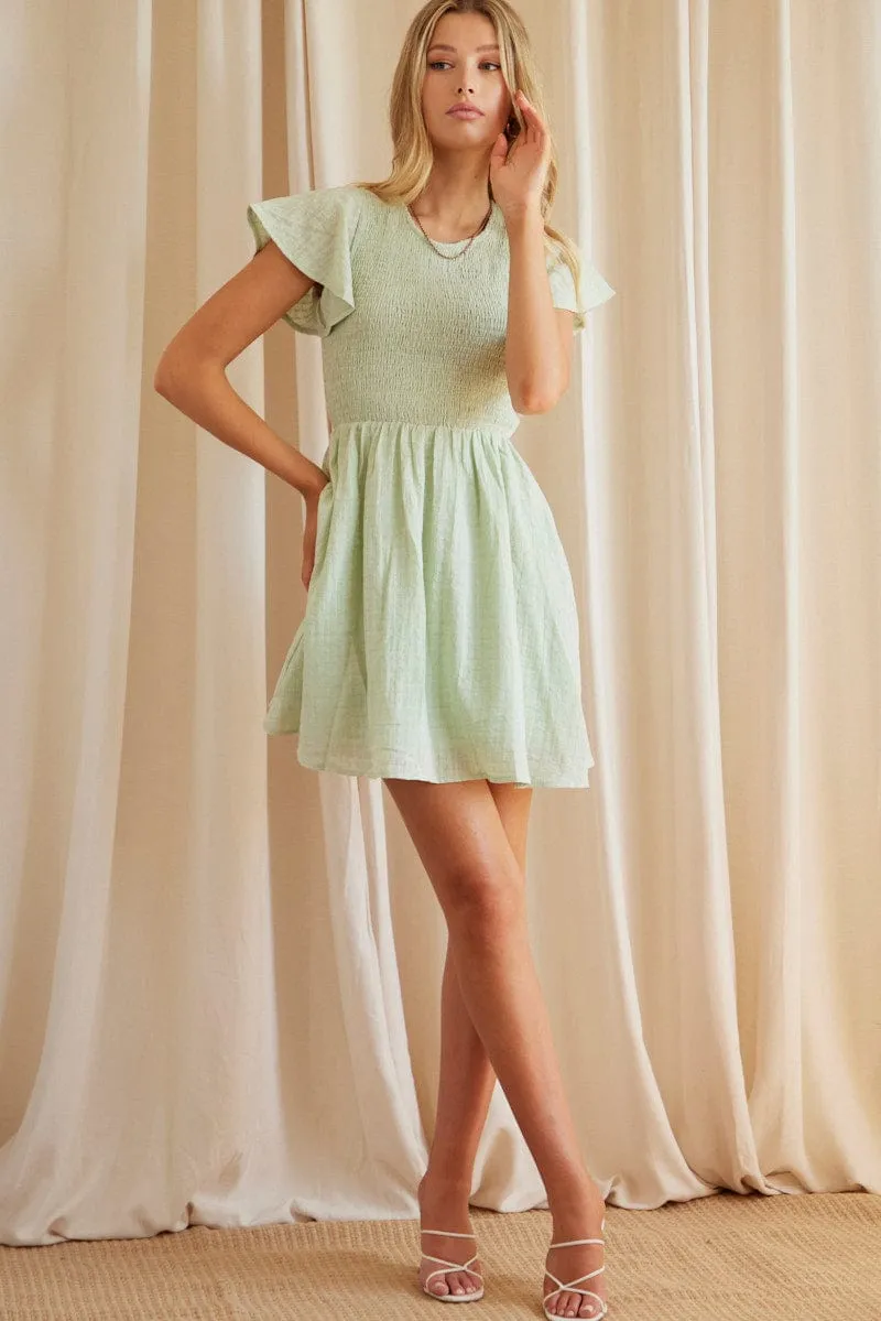 Green Shirred Skater Mini Dress