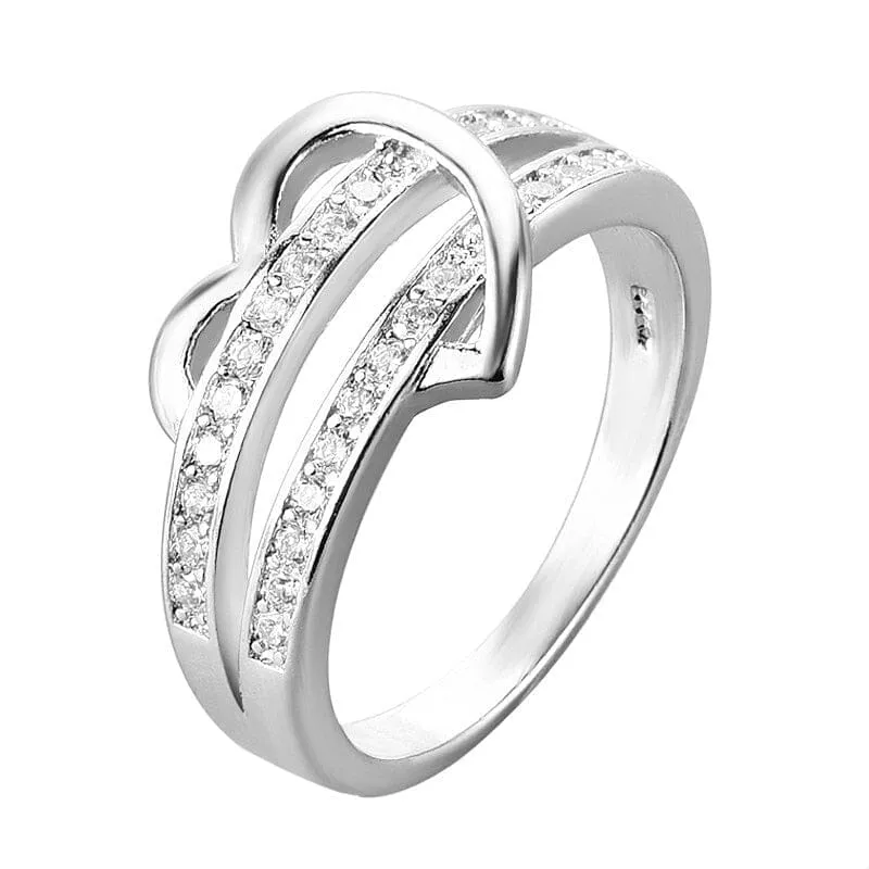 Heart Shape Inlaid Diamond Fashion Ring - 925 Sterling Silver