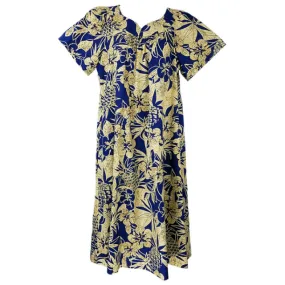 Hibiscus Yellow and Blue Pineapple Print Muumuu Dress