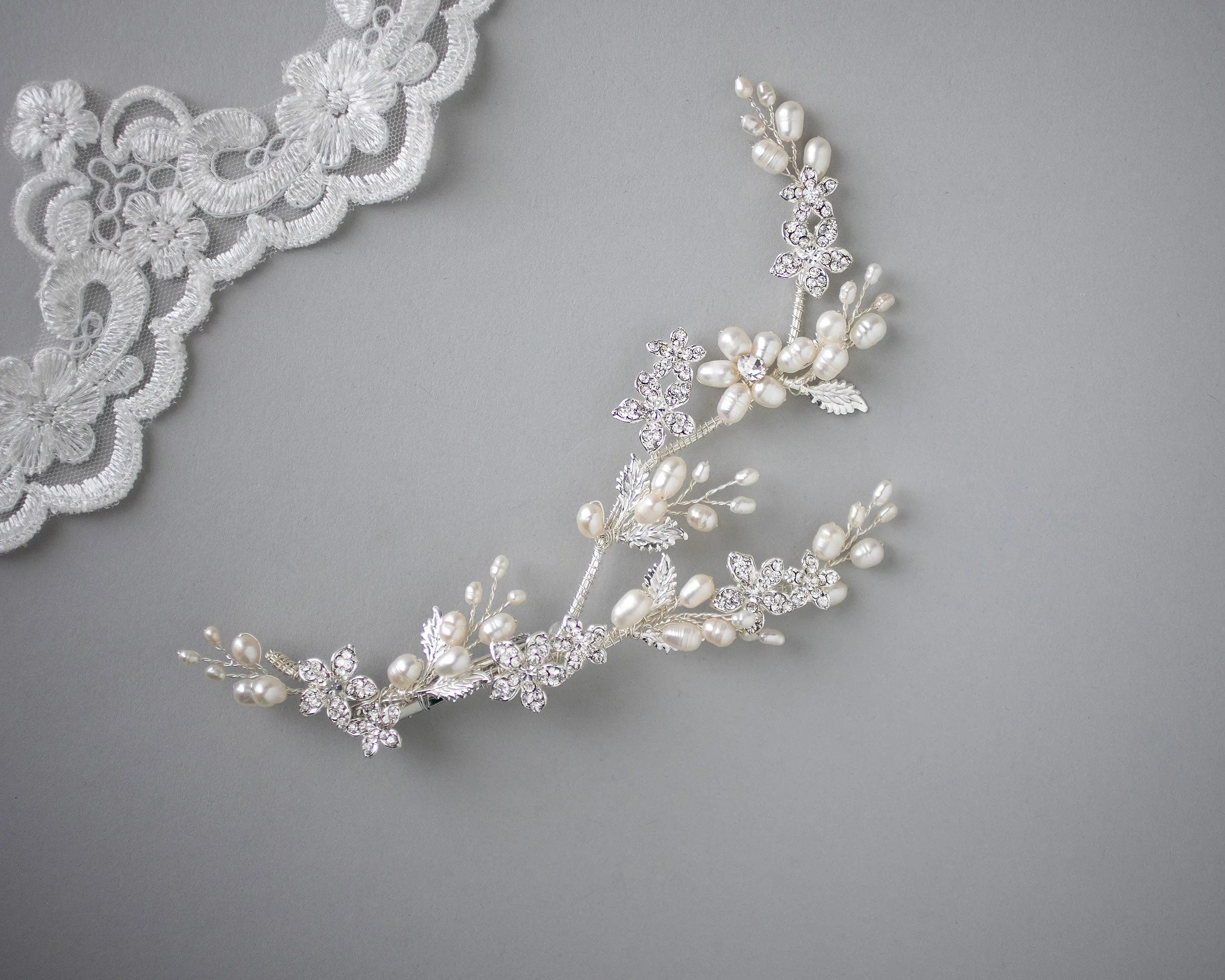 Ivory Pearl Bridal Vine Clip with Crystal Flowers