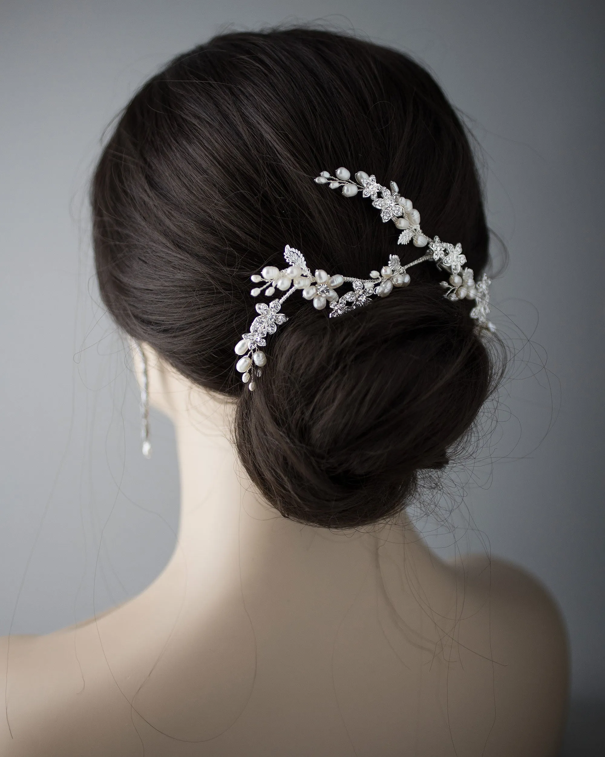 Ivory Pearl Bridal Vine Clip with Crystal Flowers