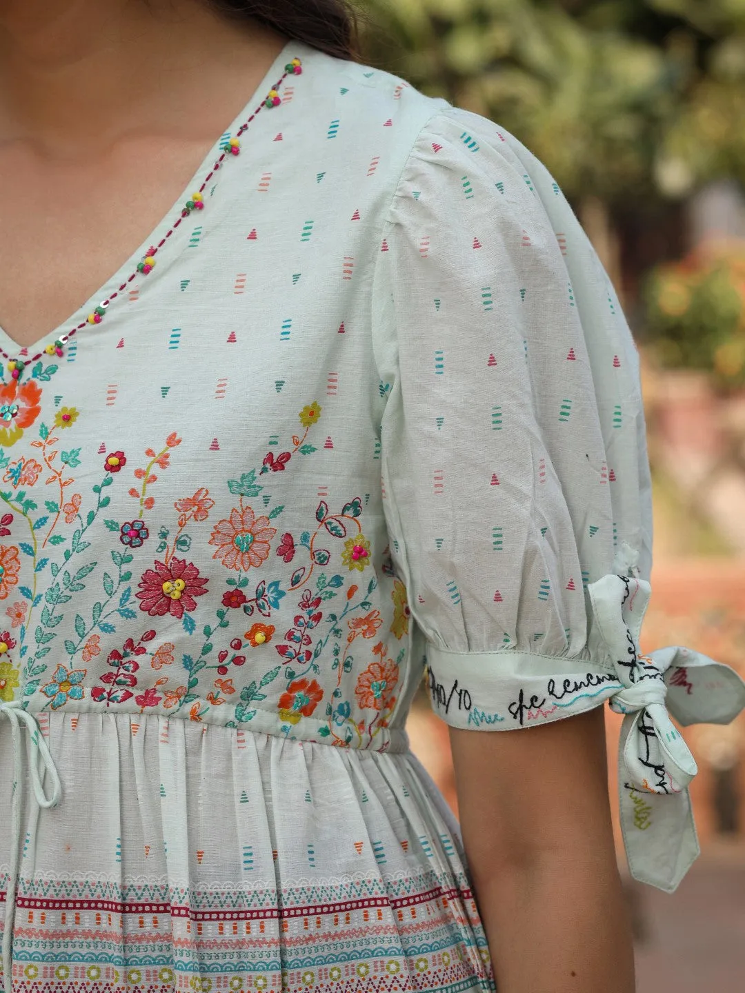 Juniper Mint Wonderland Pure Cotton Floral Printed Maxi Dress With Beads Tassels Kantha & Contrast 3D Work