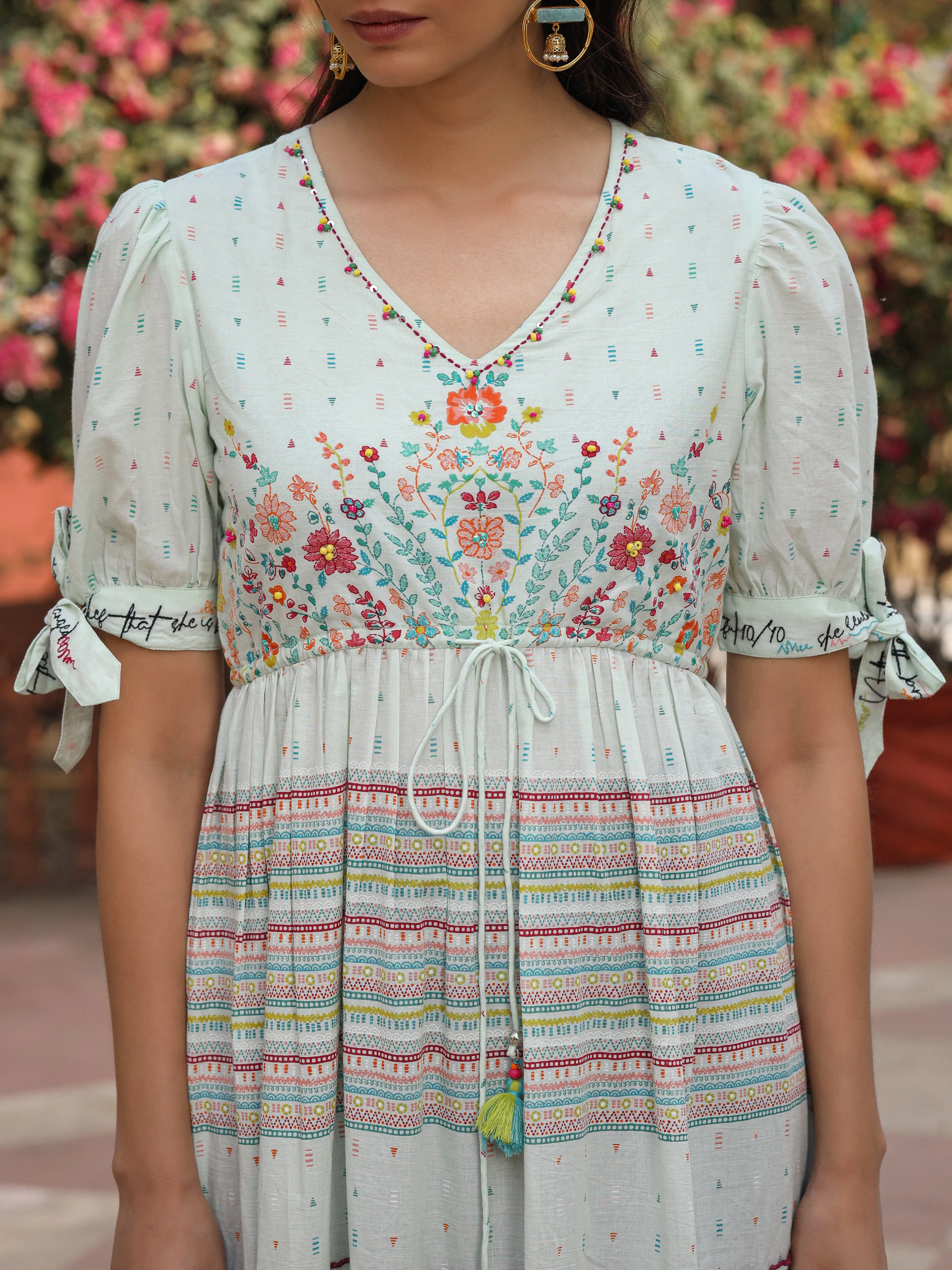 Juniper Mint Wonderland Pure Cotton Floral Printed Maxi Dress With Beads Tassels Kantha & Contrast 3D Work