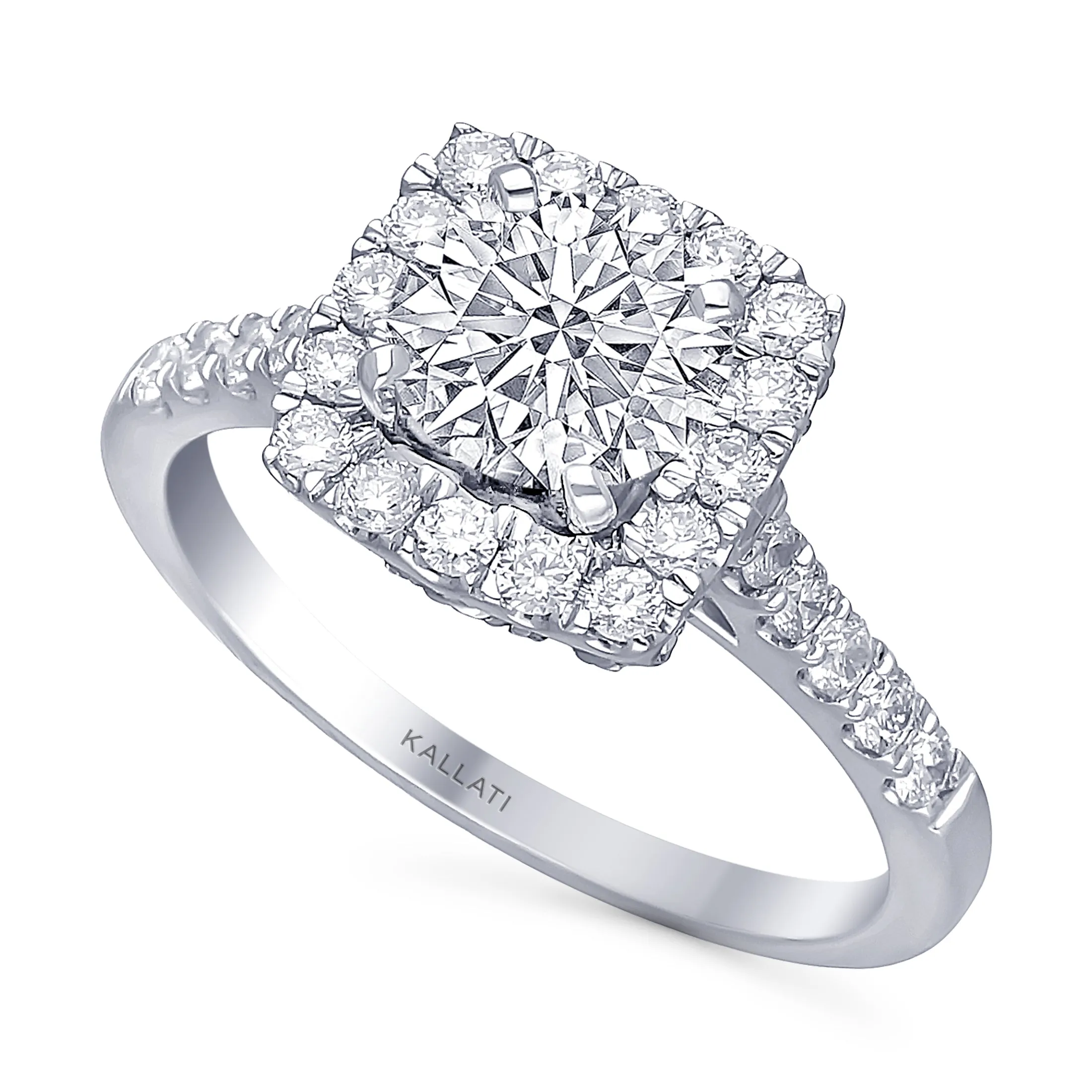 Kallati Eternal Cushion Halo Diamond Engagement Ring in 14K White Gold