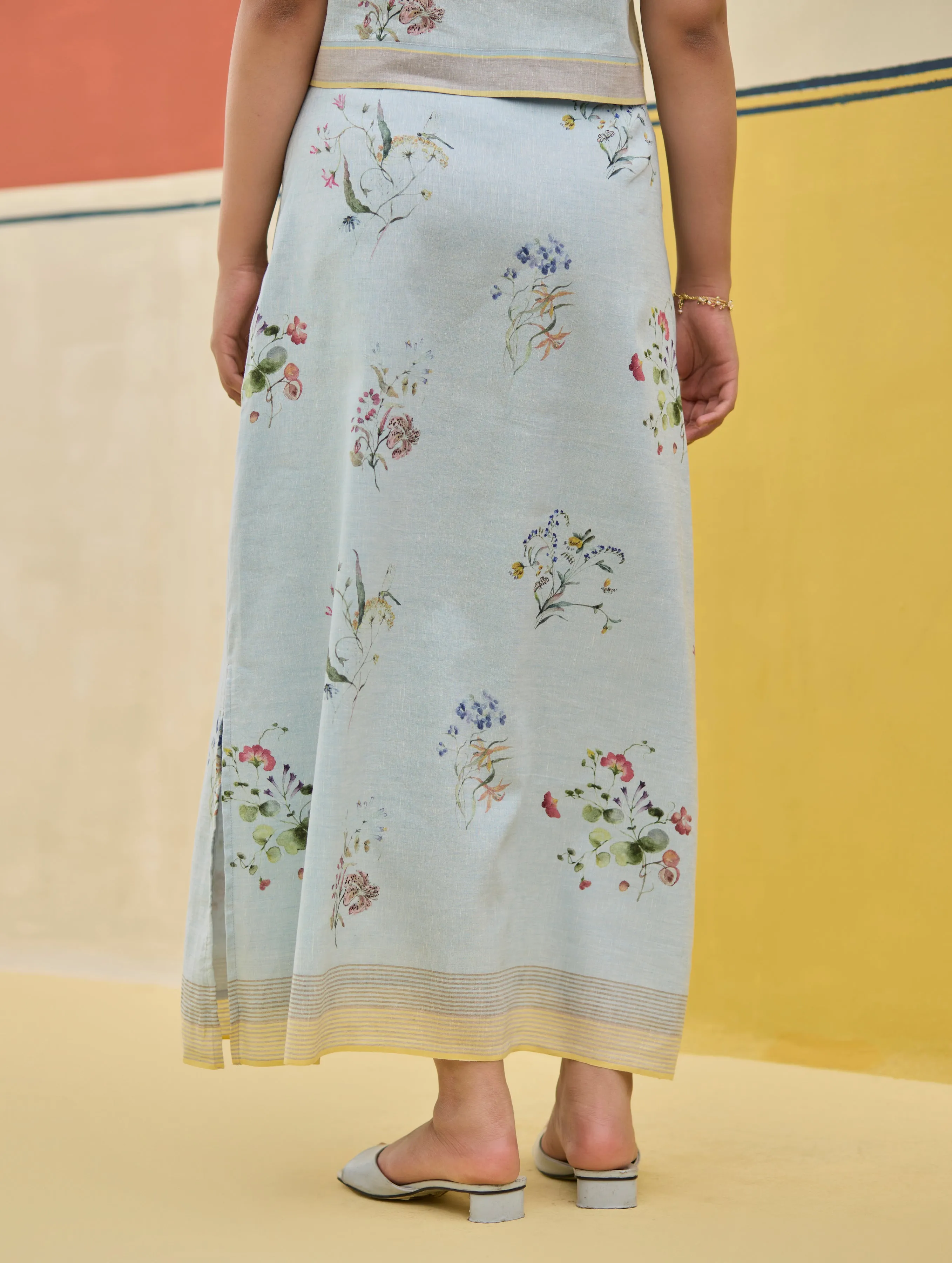 Leena Watercolour Floral Skirt - Sky