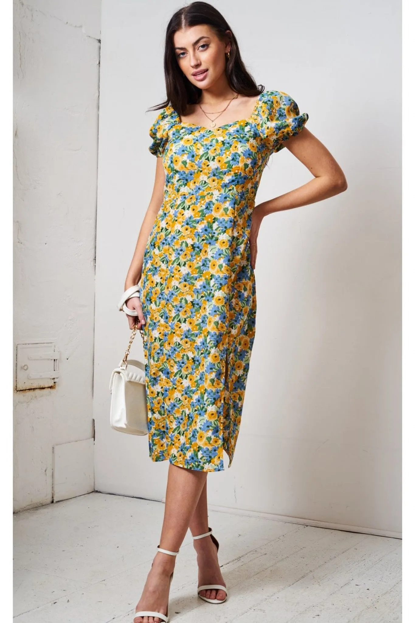 Love Frontrow Blue/yellow Floral Short Sleeve Midi Dress