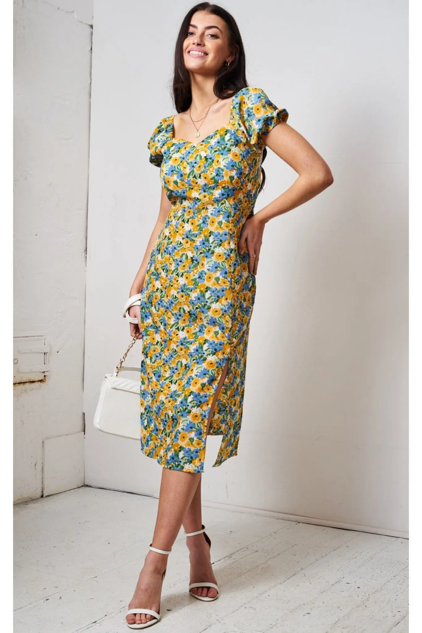 Love Frontrow Blue/yellow Floral Short Sleeve Midi Dress