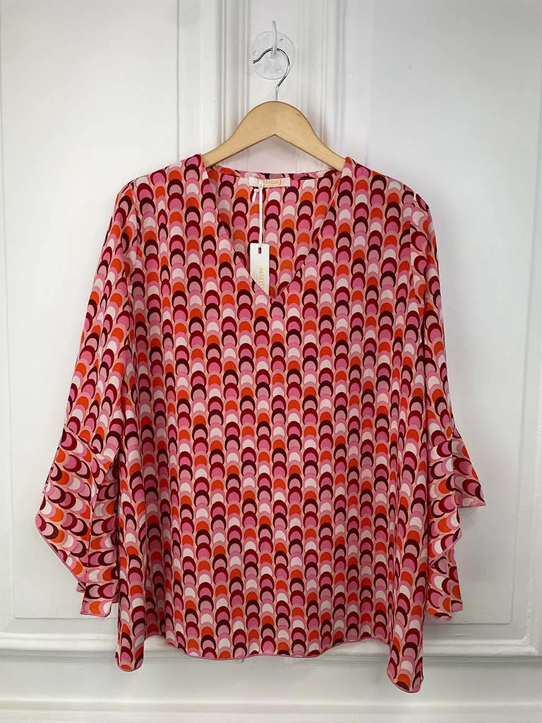 Malissa J Scallop Print Flute Sleeve Top - Coral