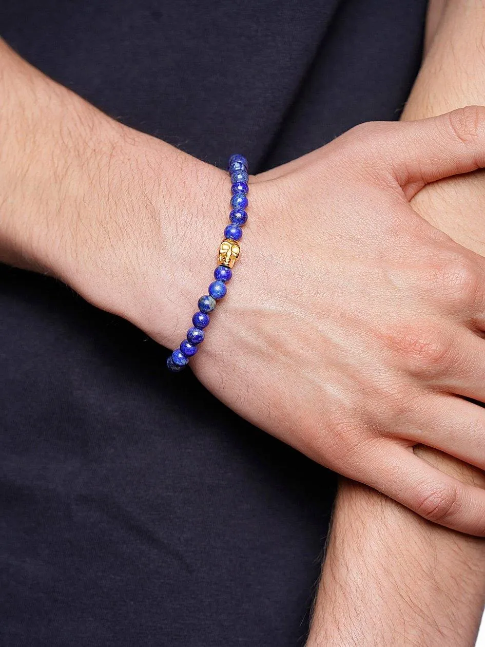 Men's Wristband with Blue Lapis and Gold Skull