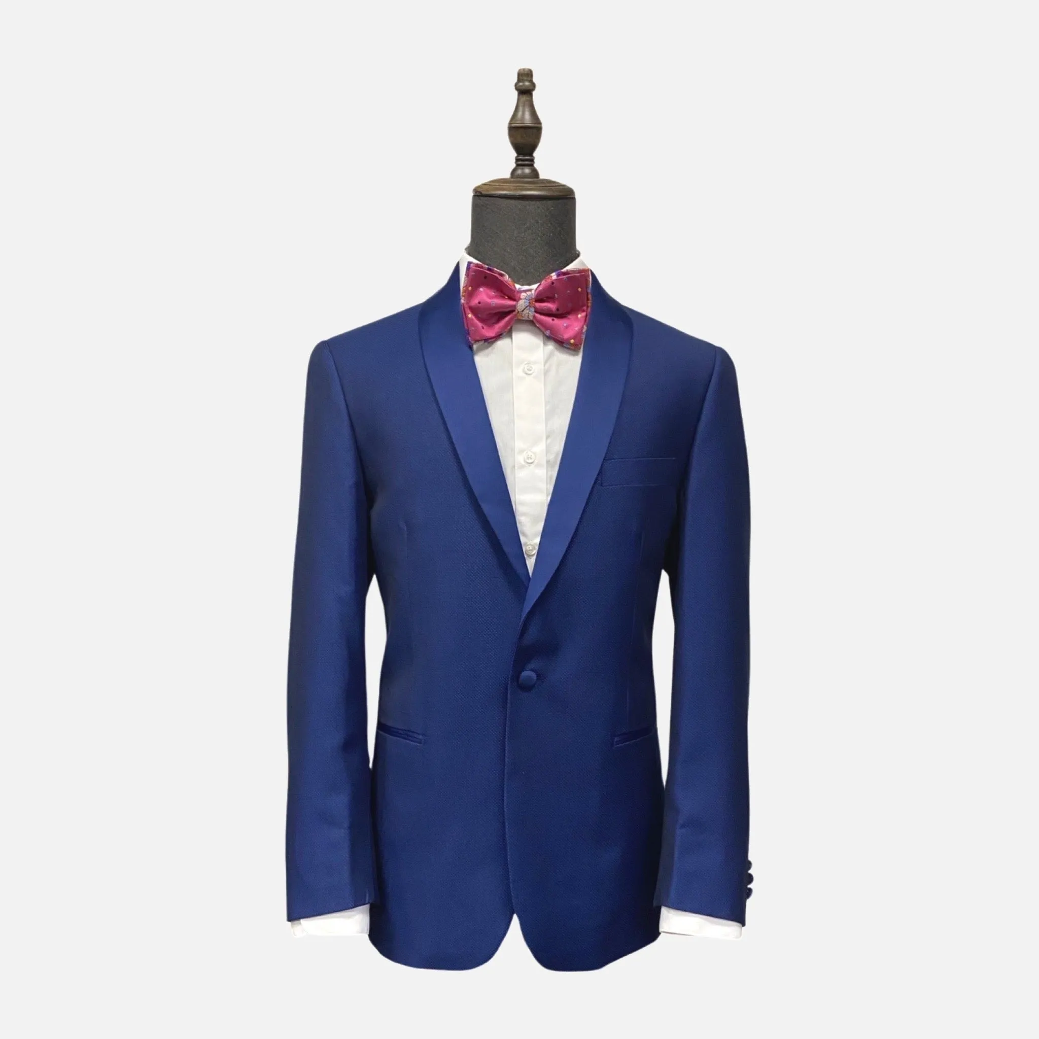 Modern Blue Pin Dot Tuxedo with Shawl Collar - Flat Front Pants