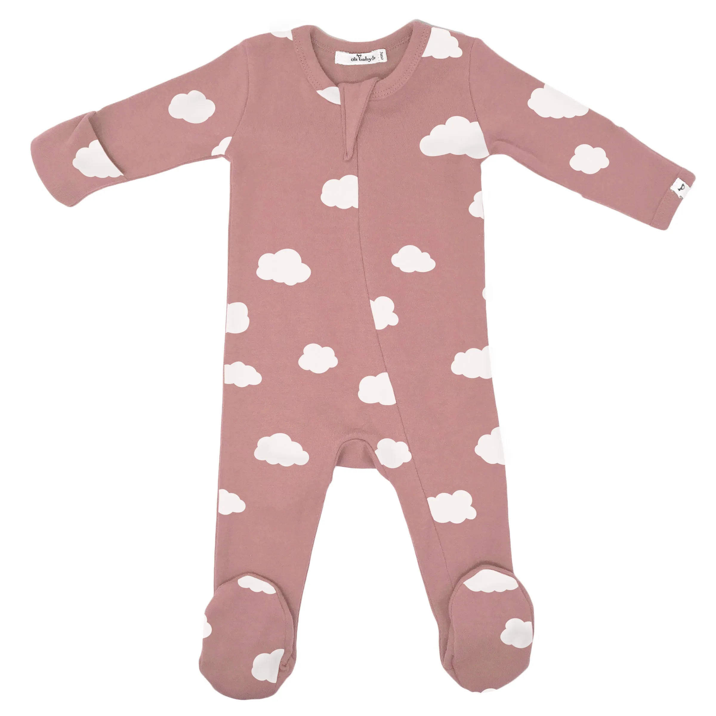 oh baby! Zipper Footie Baby Rib - White Clouds Print - Blush