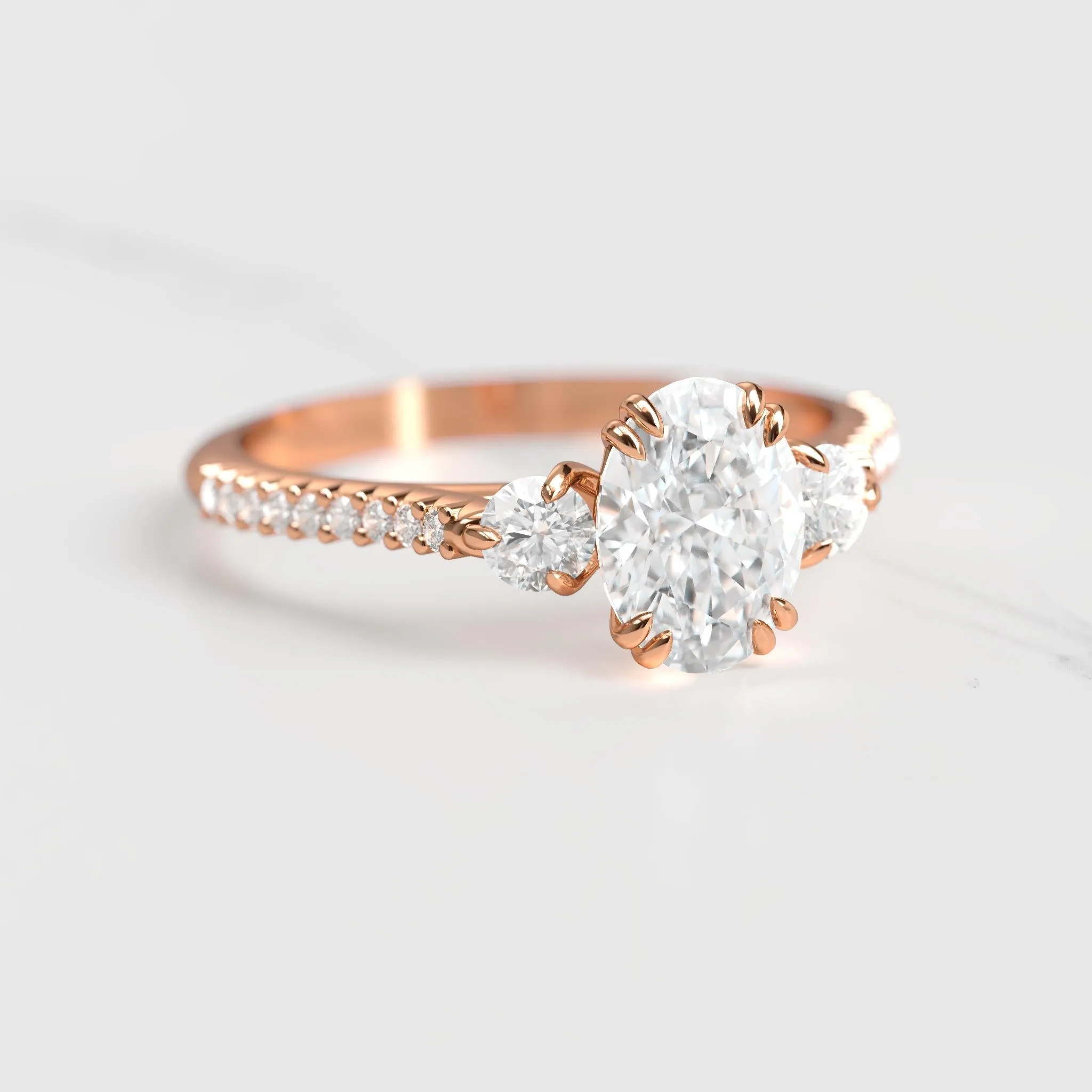 Oval Half Pave Diamond Ring With Accent Stones