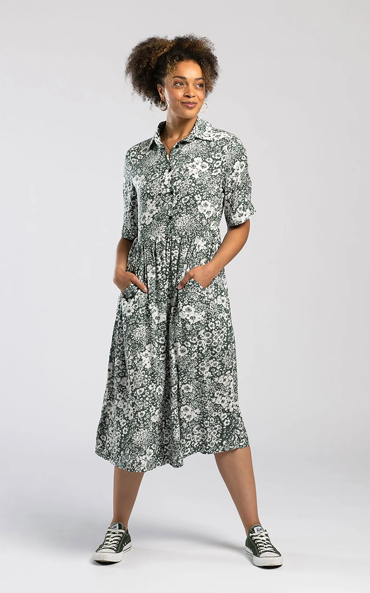 Pentlebay Clothing Midi Shirt Dress In Sage Green Floral