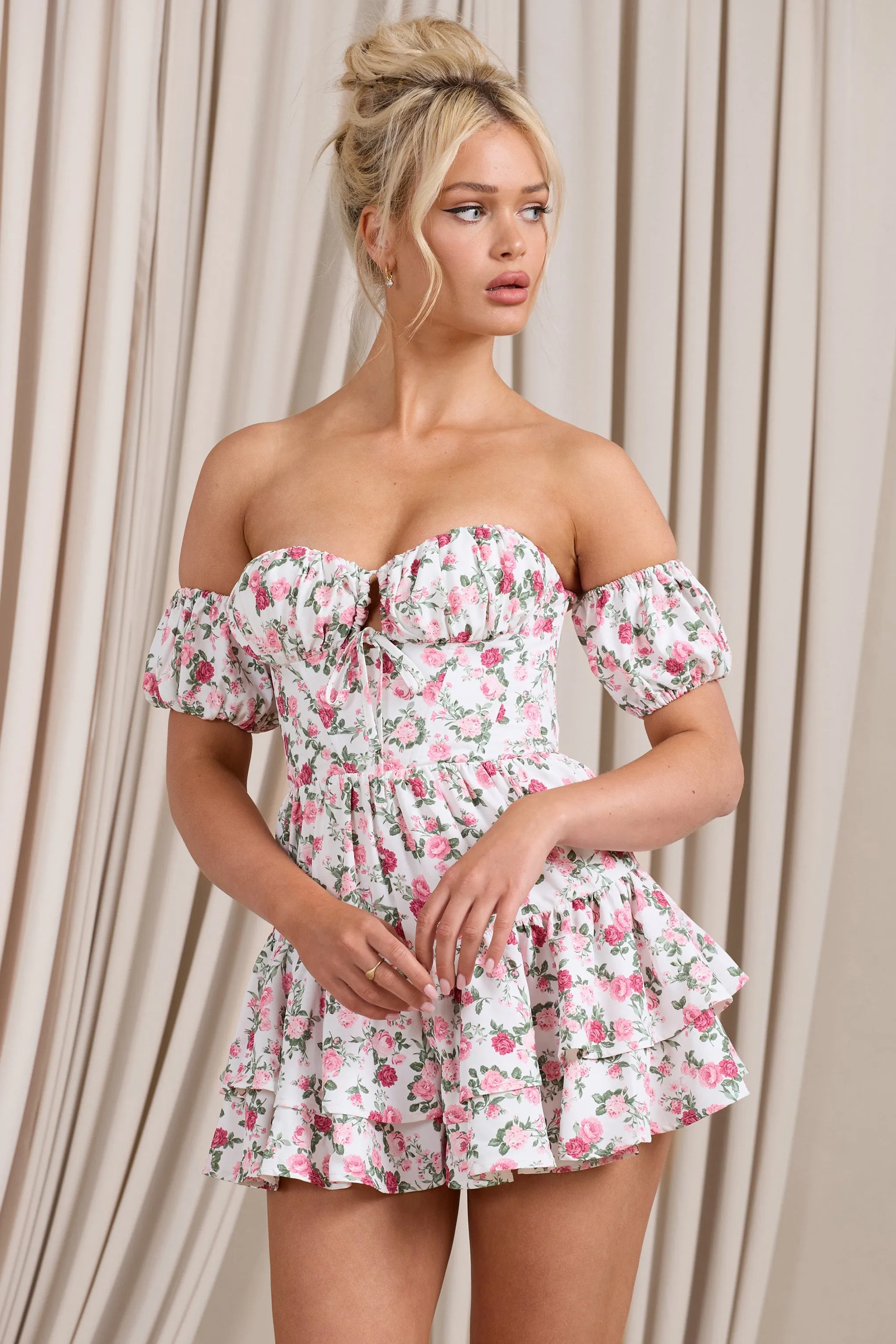 Piazza Play | Floral Print Ruffled Corset Bardot Playsuit