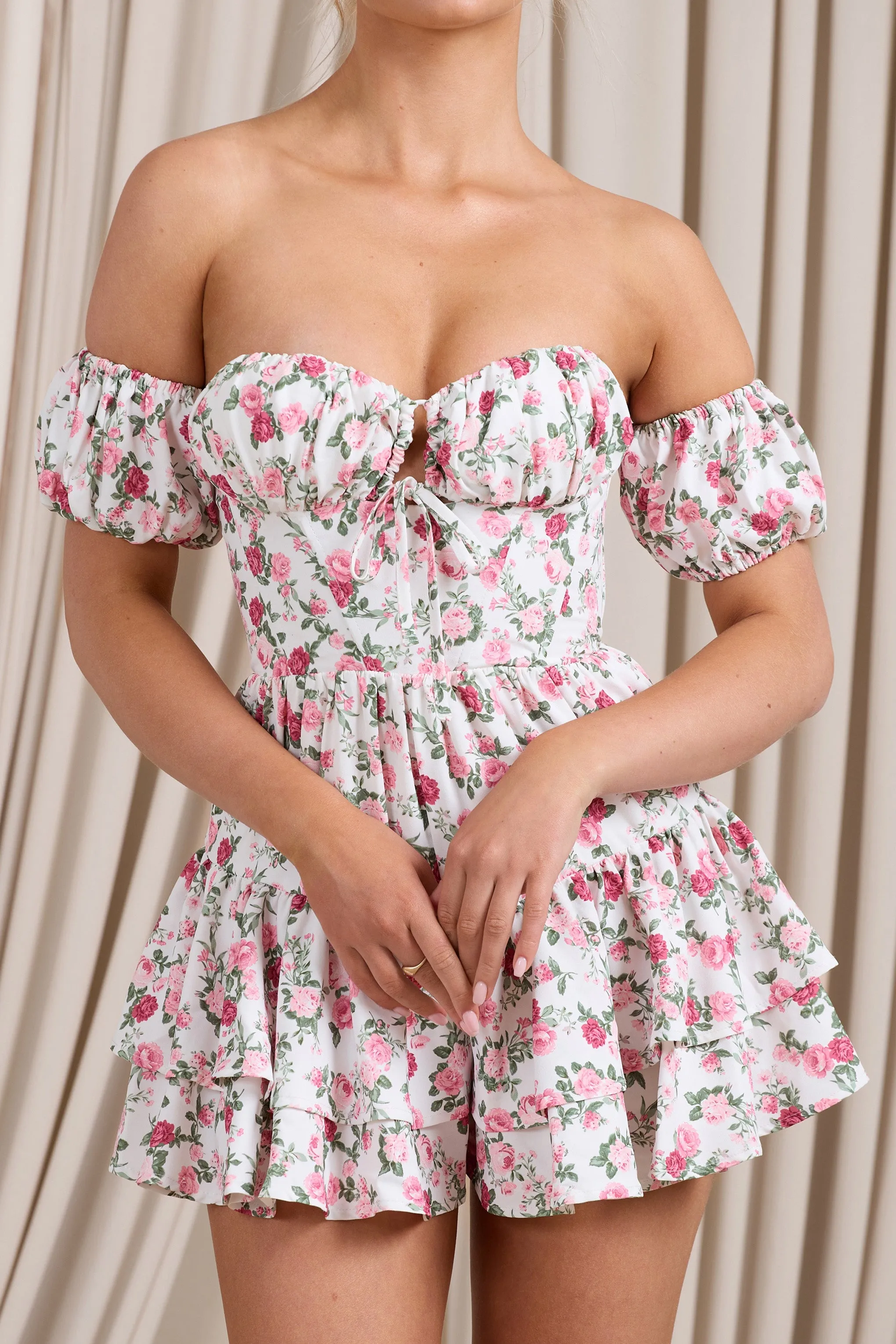 Piazza Play | Floral Print Ruffled Corset Bardot Playsuit