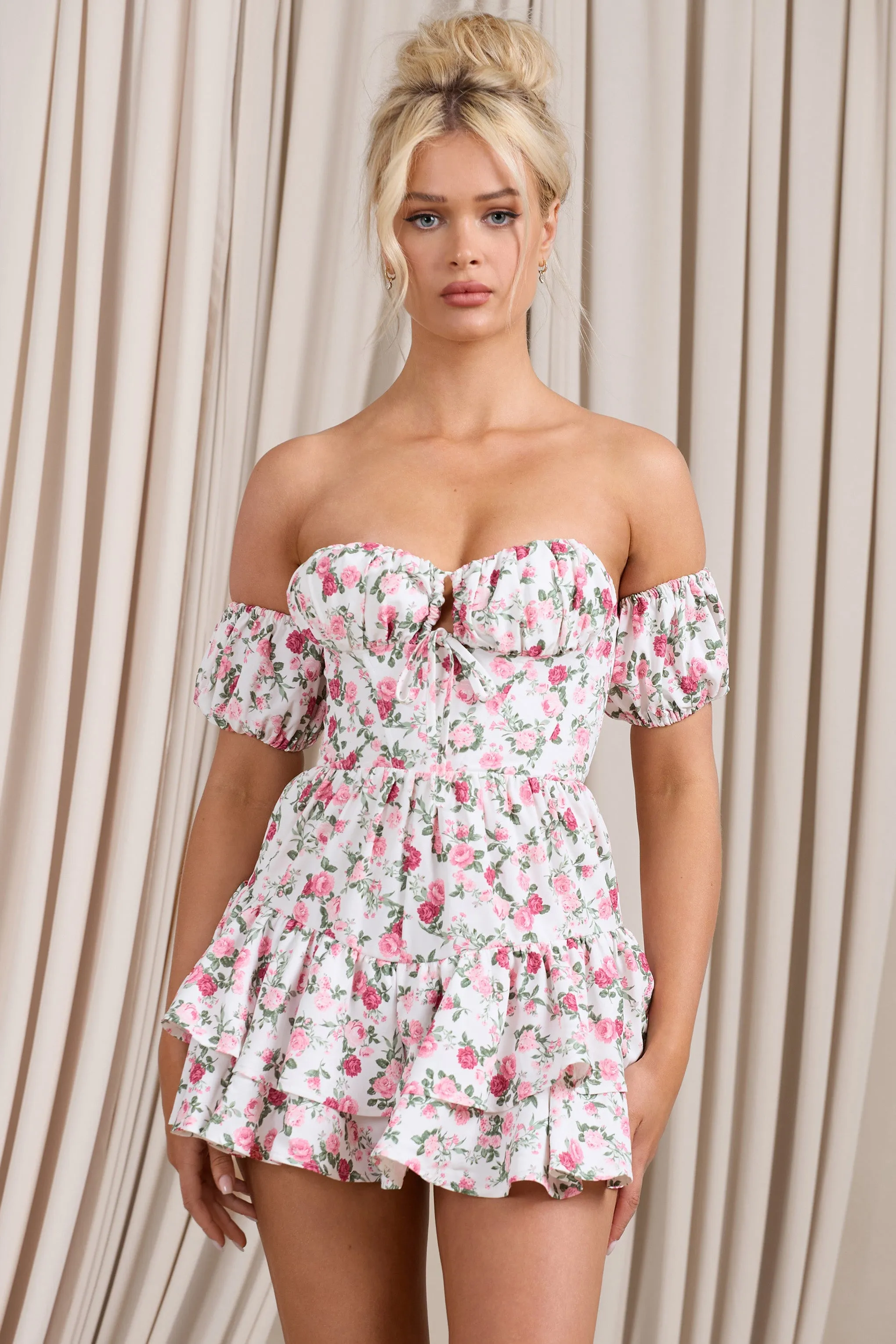 Piazza Play | Floral Print Ruffled Corset Bardot Playsuit