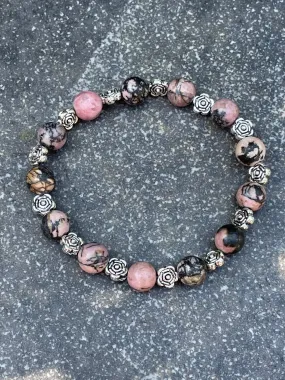 Pink and Black Rhodonite gemstone Rose Bracelet