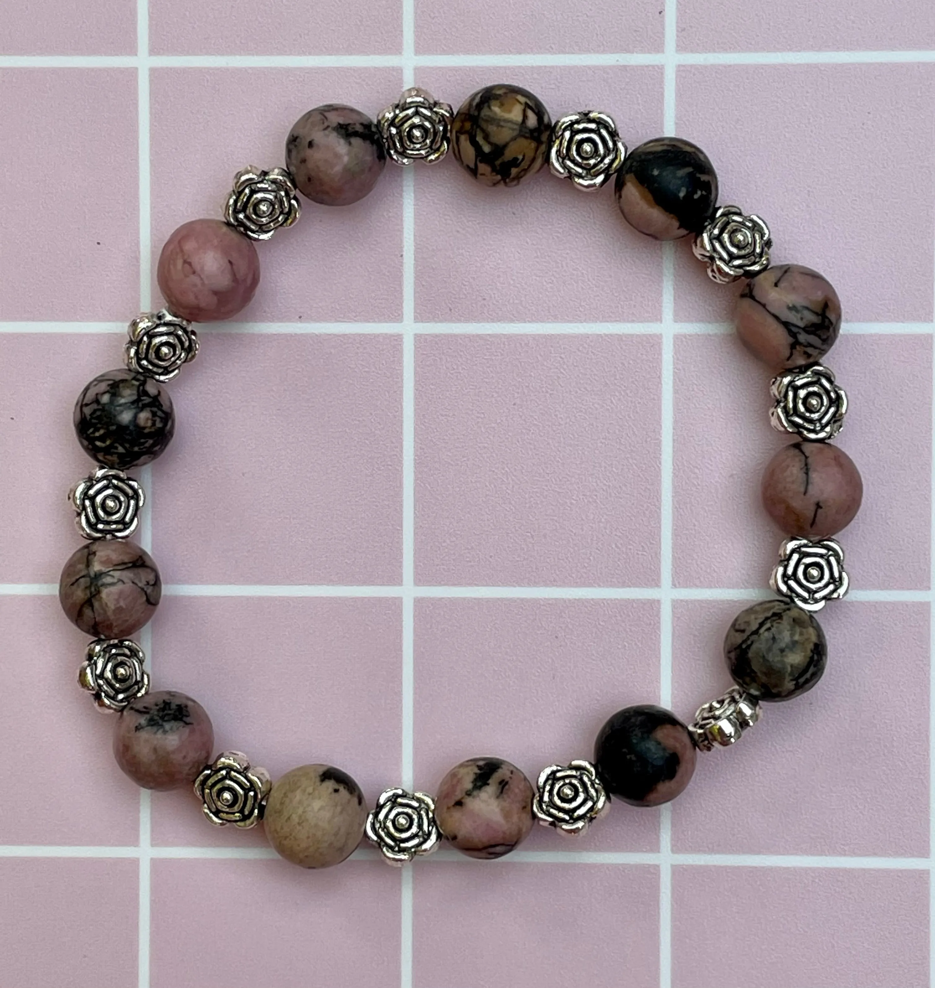 Pink and Black Rhodonite gemstone Rose Bracelet