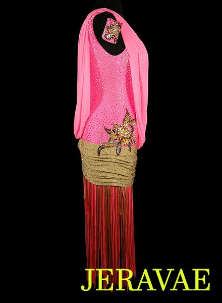 Pink Latin Rhythm Dress with Brown Sash Flowers and Accent Fringe LAT044 sz Large