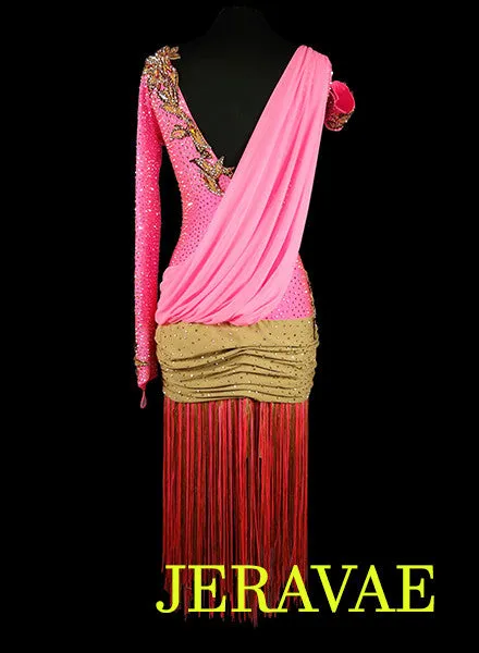 Pink Latin Rhythm Dress with Brown Sash Flowers and Accent Fringe LAT044 sz Large