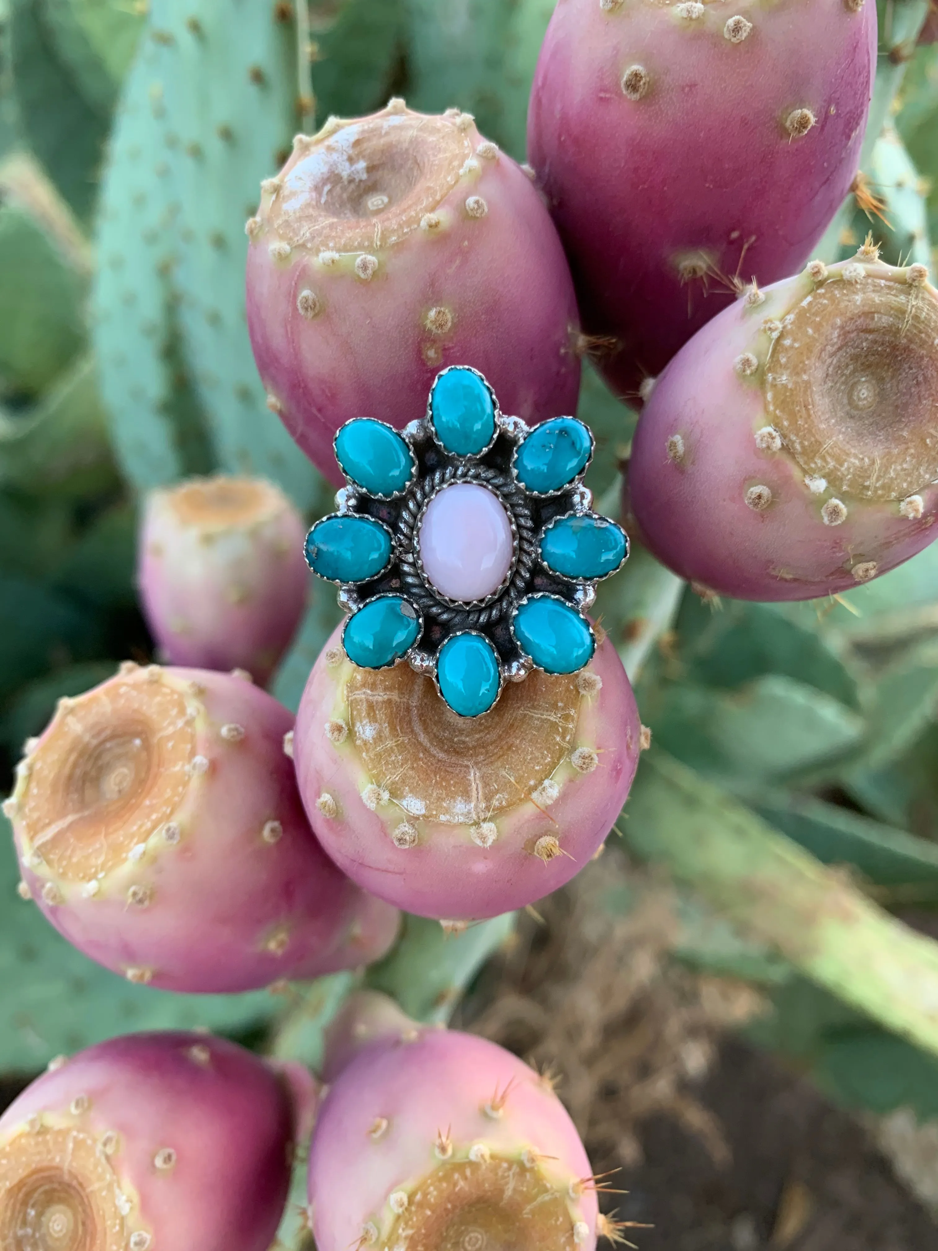 Pink Opal & Turquoise Adjustable ring