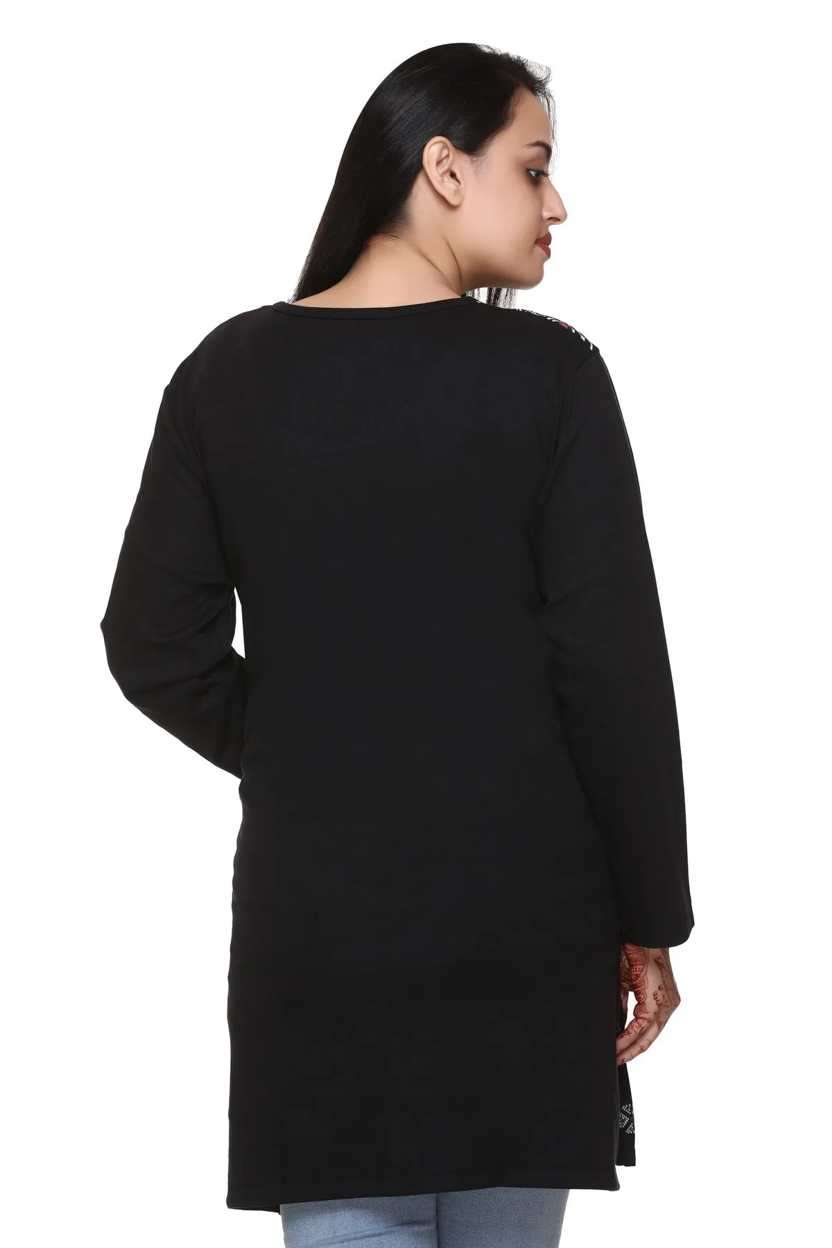 Plus Size Printed Long Tops For Women Full Sleeves T-shirts - Black