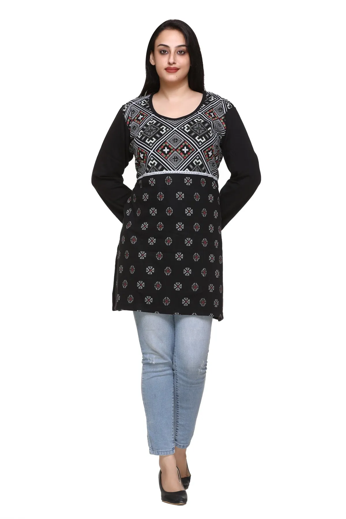 Plus Size Printed Long Tops For Women Full Sleeves T-shirts - Black